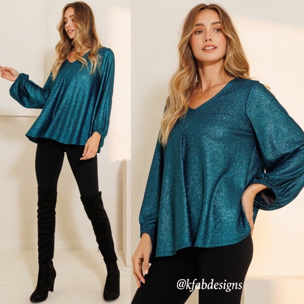 B41W💚Gorgeous glitter green top w/a-line silhouette4 ultimate figure flattery!